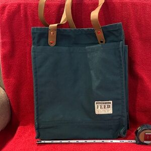 FEED - Teal Green Canvas Tote Bag with Tan Straps